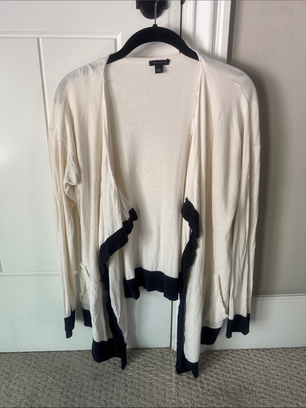 Ann Taylor white cream cardigan with navy blue trim